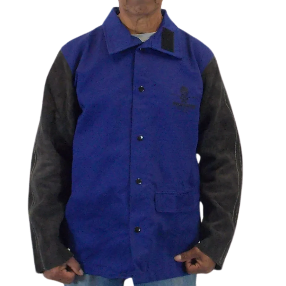 Cotton Welding Jacket with Leather Sleeves - Blue Gray - Image 3